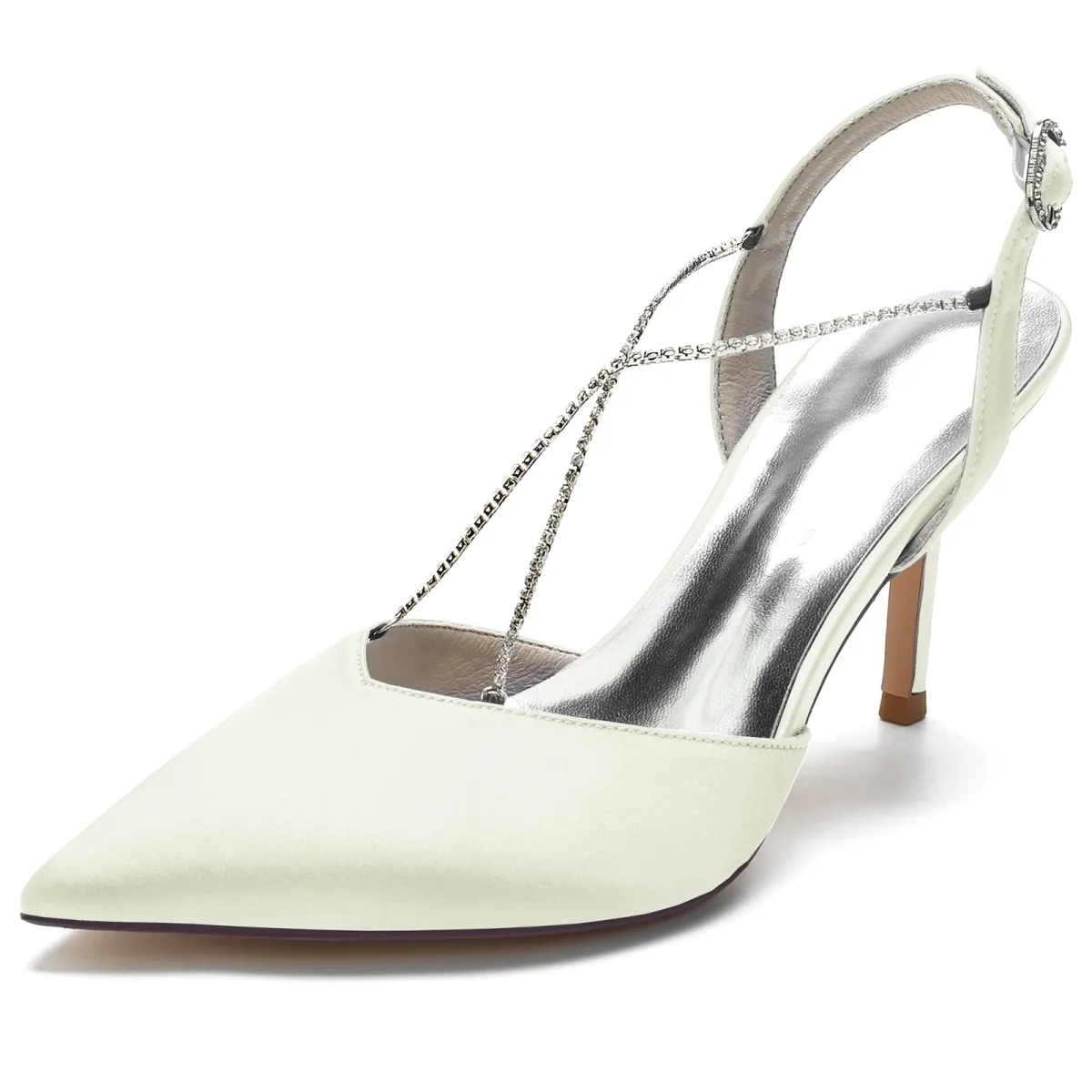 Chaussures de Mariage à Bout Fermé En Satin de Soie pour Femmes avec Bride à la Cheville et Strass à Talon Aiguille – Image 9