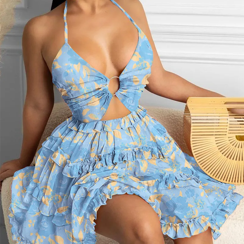 Robe femme col V à bretelles – Motif imprimé & détails ajourés – Image 3