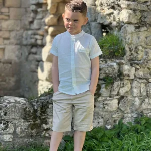 Julian - Ensemble champêtre garçon chemise blanche à manches courtes col Mao et bermuda beige