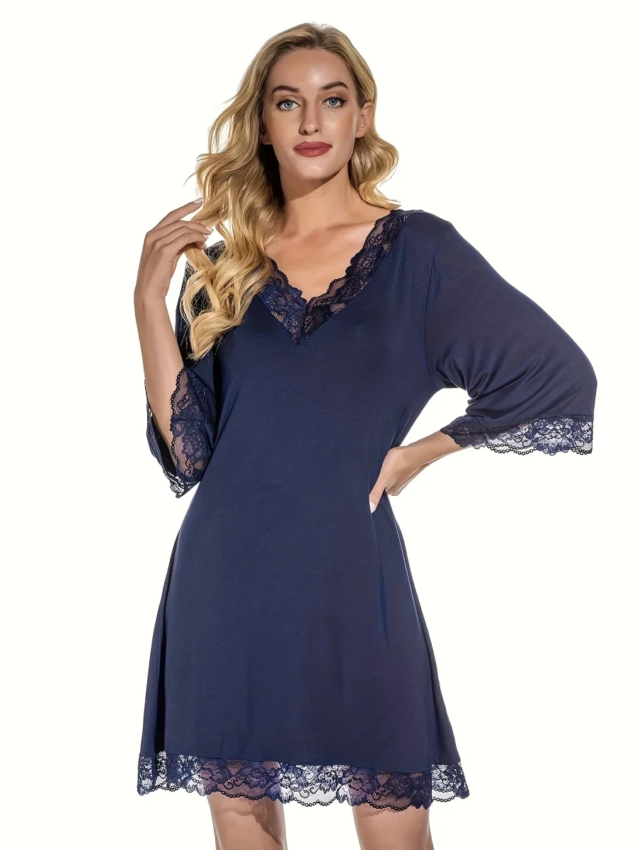 Chemise de Nuit Romantique Bleu Marine – Image 2
